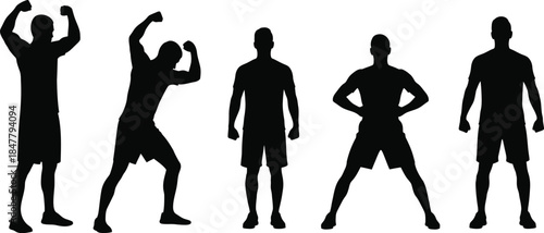 Workout body movement, athlete, fitness, exercise at the gym trainer vector illustration silhouette icon set. 