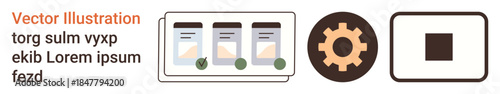 App design, software settings, user interface, mobile applications, system configuration, UIUX development. Three mobile screens, gear icon square button displayed in a clean layout. App design