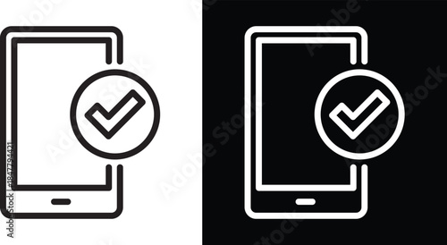 Stylized smartphone icons with checkmark badge in black and white variants. Ideal for app approval, authentication, and UI visuals.
