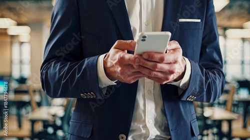 Businessman in a suit and white shirt standing in an office, actively using a mobile phone, representing modern business communication, technology integration, and professional connectivity