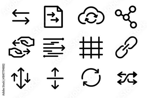 Digital Exchange Icons. Digital Exchange Icons linear set: data arrows, file transfer icon, cloud sync loop, peer-to-peer nodes, digital handoff, packet flow lines, exchange grid,