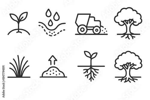 Sustainable Land Symbols. Regenerative Land Practices linear set: cover crop sprout, rainwater swale, compost spreader, shade tree, native grass tuft, carbon-rich soil icon, root