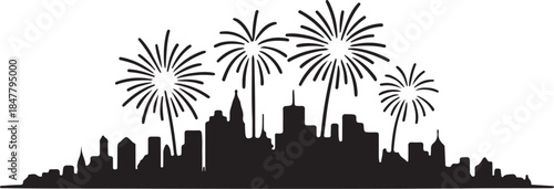 Minimalist City Skyline Silhouette with Colorful Fireworks Celebration Vector Illustration