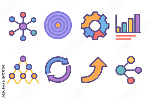 Vibrant Network Icons. Complexity Modeling Set flat set: network influence web, time-series ripple, adaptive-rule wheel, interaction coefficients bar, multi-level pattern icon,