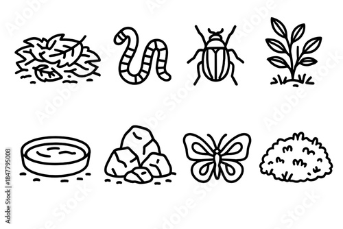 Local Ecosystem Icons. Local ecosystem elements linear set: leaf litter bed, earthworm, beneficial beetle, small shrub, water dish, microhabitat rock pile, butterfly, mossy patch.