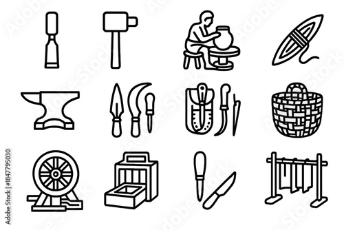 Ancient Craft Icons. Work & Craft in Antiquity linear set: stone chisel, wooden mallet, potter’s wheel, weaving shuttle, blacksmith anvil, bronze tools, leatherworking kit, reed