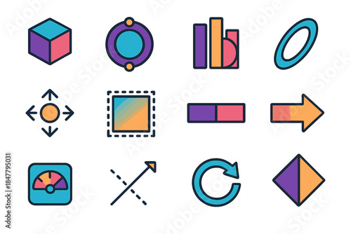Minimalist Transition Icons. Phase-Transition Themes flat set: dimensional tile, portal node, spatial bar, warp ring, flux cue dot, boundary patch, interspace stripe, perspective