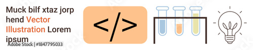 Tech development, innovation, programming, research, science education, design. Coding angle brackets, colorful test tubes and light bulb icon. Tech development and programming concept