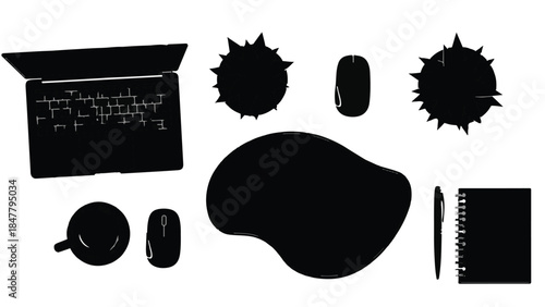 Black silhouettes of office supplies and computer equipment on white background