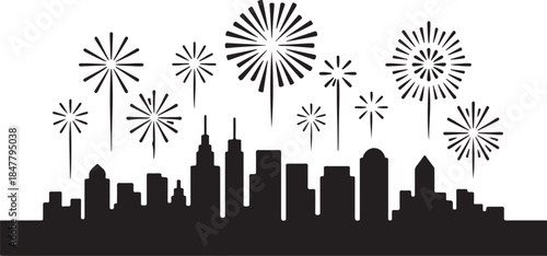 Minimalist City Skyline Silhouette with Colorful Fireworks Celebration Vector Illustration