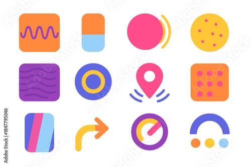 Multisensory UX Icons. Integrated Sensory UX Patterns flat set: visual pulse tile, haptic feedback bar, chime cue node, subtle aroma dot, surface texture patch, ambient lighting