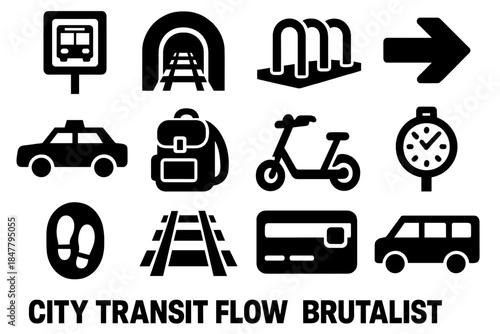 Brutalist Transit Icons. City Transit Flow silhouette set: bus stop sign, metro tunnel icon, bicycle rack, taxi silhouette, commuter backpack, walkway arrow, electric scooter, rail