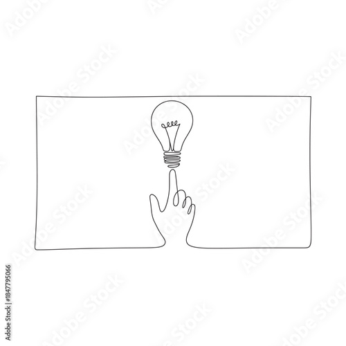 A simple line drawing of a hand pointing toward a glowing light bulb