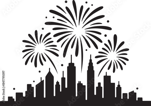 Minimalist City Skyline Silhouette with Colorful Fireworks Celebration Vector Illustration