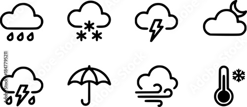 Collection of Weather Icons Rain, Snow, Thunderstorm, Night, Umbrella, Wind, Cold