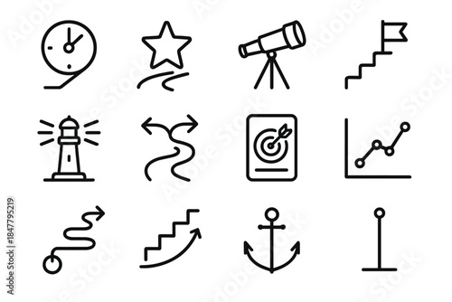 Visionary Goal Planning Icons. Goal & Vision Planning linear set: long-term horizon, guiding star, vision telescope, growth path, priority steps, strategy pathway, milestone flag,
