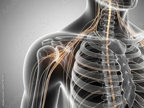 Futuristic X-ray render of the human shoulder and spine, showcasing clear bone structures including scapula, clavicle, and vertebrae. High contrast glowing bones, transparent body with visible joints.