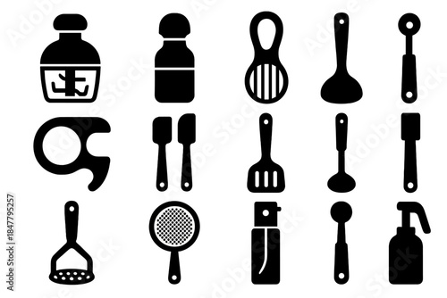 Kitchen Tool Icons. Handy Kitchen Helpers silhouette set: food chopper pod, spice grinder, avocado tool, melon baller, jar opener grip, silicone spatula set, slotted turner, soup