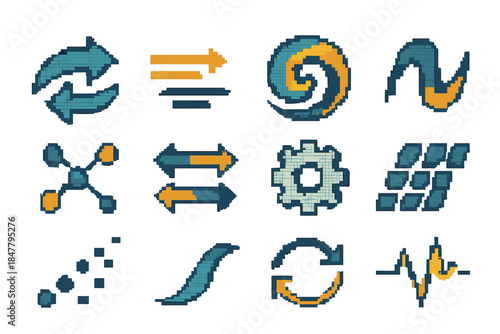 Dynamic Motion Icons. Dynamics Icons pixel style set: flowing arrows, shifting lines, energy swirl, motion wave, interconnected nodes, balanced push-pull, rotating gear, shifting
