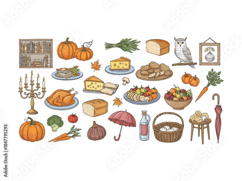 Thanksgiving dinner with seasonal vegetables and fruits