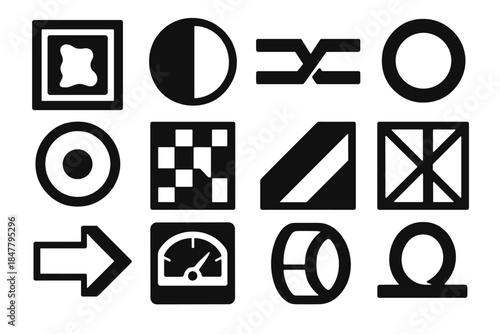 Bold Vector Icons. Interdimensional Shift Concepts silhouette set: portal frame tile, phase node, space-fold bar, warp ring, continuum dot, boundary patch, interspace stripe,