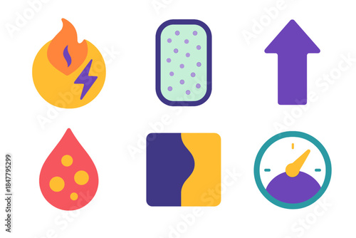 Cell Aging Icons. Cell Fate Aging Frameworks flat set: oxidative stress icon, telomere stress dot, senescence pathway arrow, SASP droplet, structural change tile, resilience