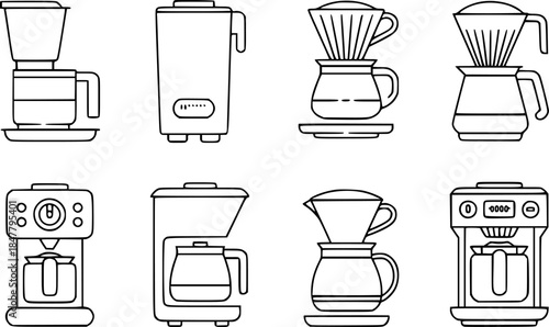 Collection of Coffee Makers and Pour-Over Coffee Brewing Equipment Icons