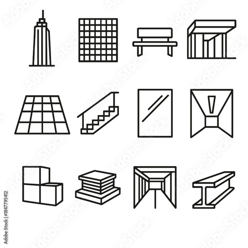 Urban Icons in Outline. Urban Modernity Themes linear set: tower silhouette, mesh screen, plaza bench, entry canopy, floor grid, open staircase, reflective pane, corridor light
