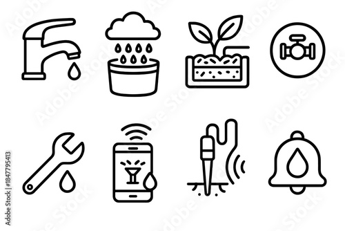 Smart Water Solutions. Household Water Efficiency linear set: efficient tap, rain capture tub, mulched planter, irrigation shutoff, quick-fix wrench, smart sprinkler icon, moisture