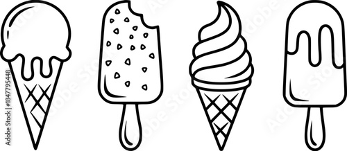 A Line Art Collection of Four Delicious Ice Cream Treats