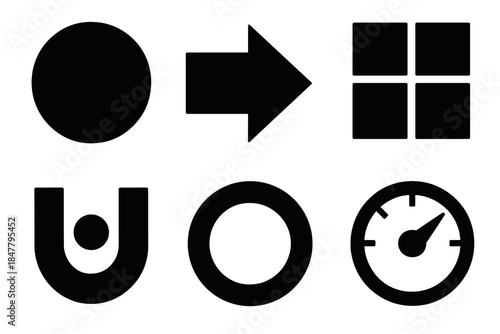 Cognitive Icon Set. Hidden Cognitive Drivers silhouette set: subliminal cue dot, internal pull arrow, pattern imprint tile, unnoticed trigger icon, background influence ring,