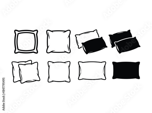 Collection of various pillow illustrations in black and white