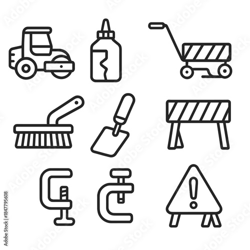 Street Repair Tools Icons. Street Repair Set linear set: road roller mini icon, crack filler bottle, paint stripe tool, barrier block, drain brush, leveling spatula, safety clamp,