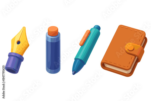 Stylish Writing Tools. Writing Accessories flat isometric set: fountain-pen nib, ink refill cartridge, leather notebook cover.