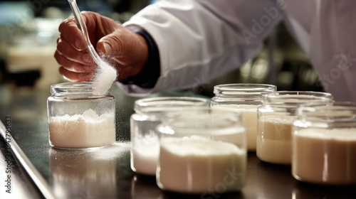 Operator carefully mixing polishing slurries in a lab environment demonstrating precision blending of diamond alumina and cerium compounds.