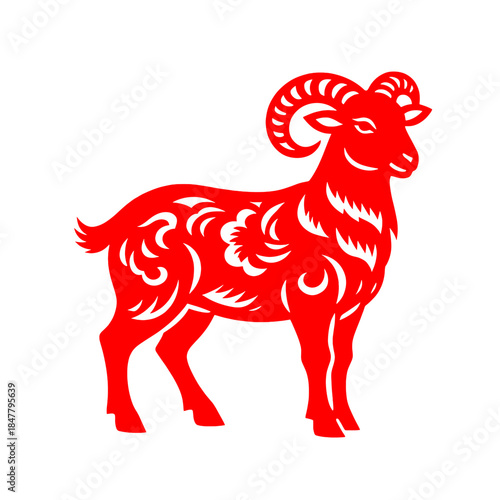 [Vector EPS]Red paper-cut art of a goat with decorative patterns
