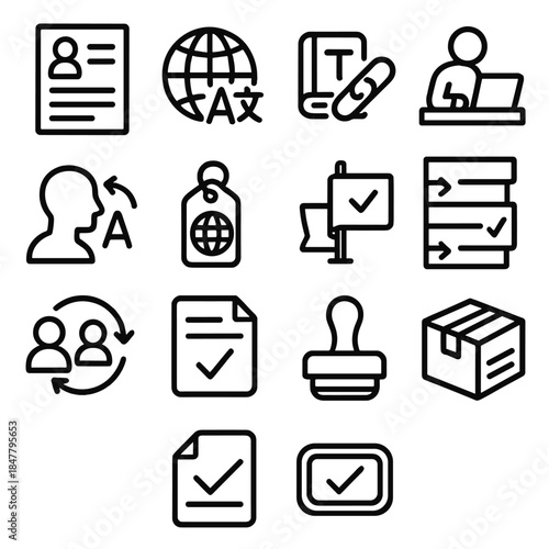 Linguistic Workflow Icons. Cross-Border Linguistic Workflow linear set: intake form, language selector, shared glossary link, translator workspace, editor revision cue, cultural