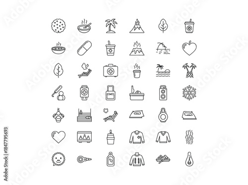 Collection of various simple line icons for travel and leisure
