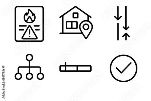 Business Continuity Plan Icons. Business Continuity Set linear set: emergency procedure card, alternate site icon, failover arrows, resource map, timeline bar, stability marker.