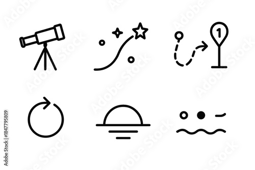 Future Journey Icons. Future Anticipation Elements linear set: telescope, star path, planned route, milestone marker, looping arrow, horizon arc, progress dot, gentle wave.