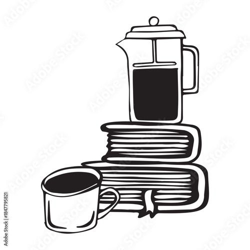 Stack of books with a french press coffee maker and a mug, a cozy reading and coffee concept. Doodle vector icon for cafe, library, home design