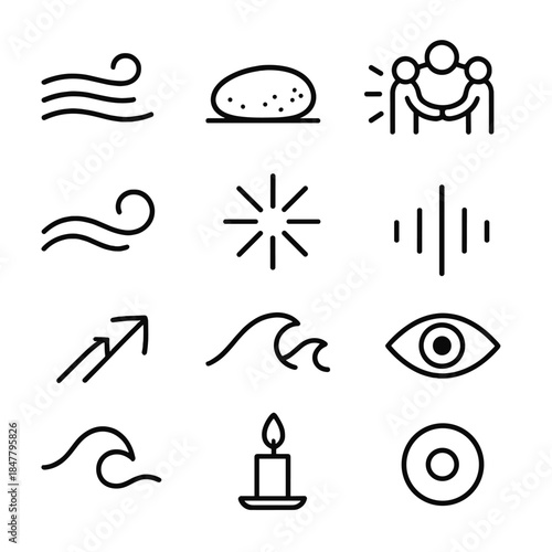 Emotional Coping Icons. Emotional Coping Collection linear set: calm breeze, grounding stone, healing glow, supportive circle, emotional flow line, renewal spark, balanced rhythm