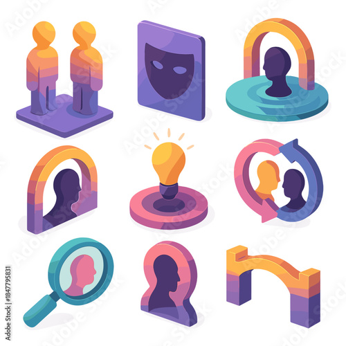 Colorful Isometric Icon Set. Inner Shadow Dynamics Set flat isometric set: mirrored figure pair, concealed trait symbol, emotional depth pool, shadow emergence arc, insight spark,