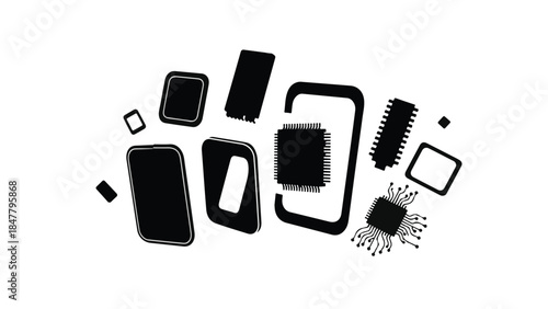 Collection of various electronic devices and components on white background