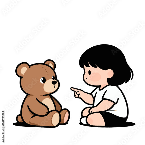 [Vector EPS]A little girl sitting and pointing at a teddy bear