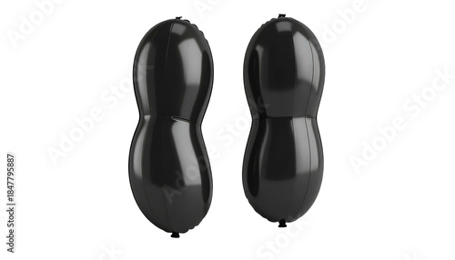 Two stylized, black, peanut-shaped objects are rendered on a black background with soft lighting creating gentle highlights