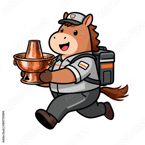 [Vector EPS]Cute horse character delivering hot pot in delivery uniform