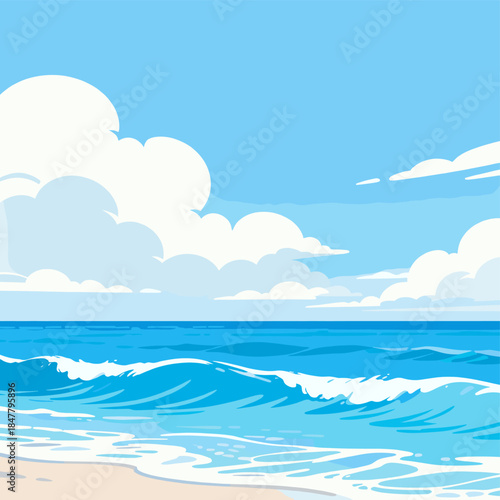 [Vector EPS]A beautiful sunny beach scene with blue sea and white clouds