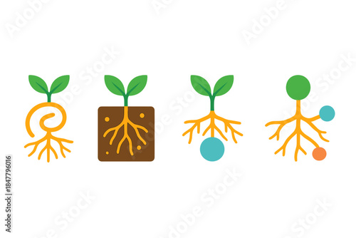 Root System Icons. Plant Root Connectivity flat set: root-branch coil, soil-interaction tile, resource-distribution node.
