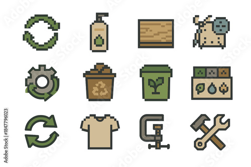 Circular Resource Icons. Circular Resource Use set of icons in flat pixel vector style: material loop icon, refill bottle, reclaimed wood, fabric patch kit, remanufacture cog,